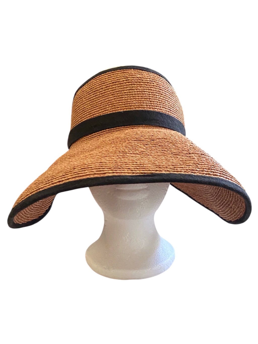 Helen Kaminski Raffia Wide Brim Visor Hat Black Trim Tie Back Australia